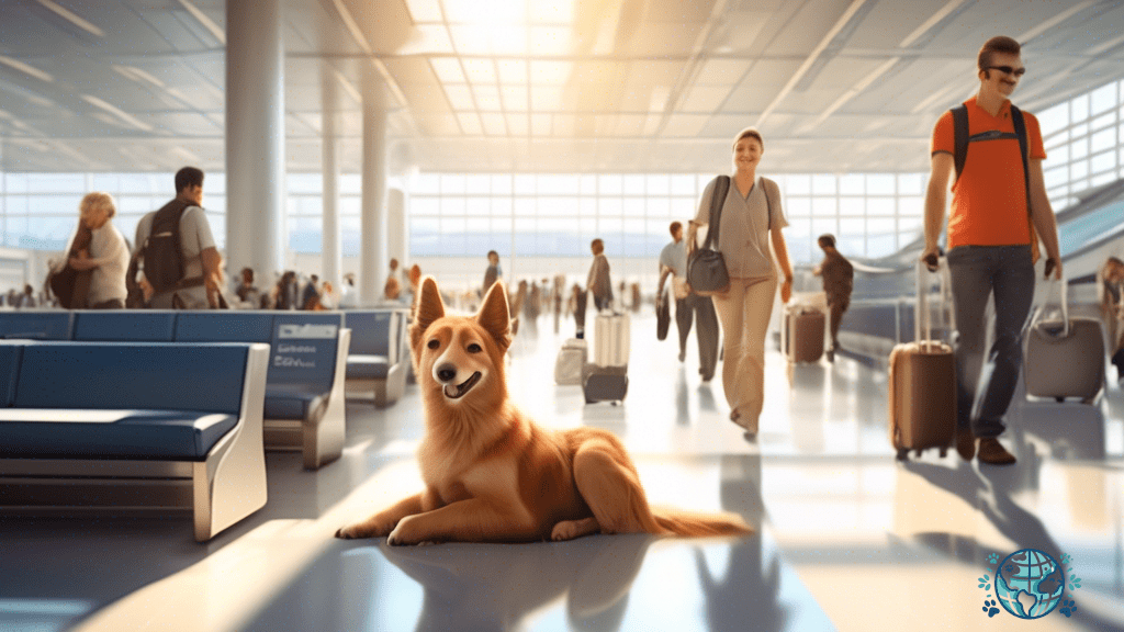 Pet owners and their furry companions enjoy a vibrant and spacious airport terminal flooded with natural light, creating a pet-friendly atmosphere for stress-free travel.