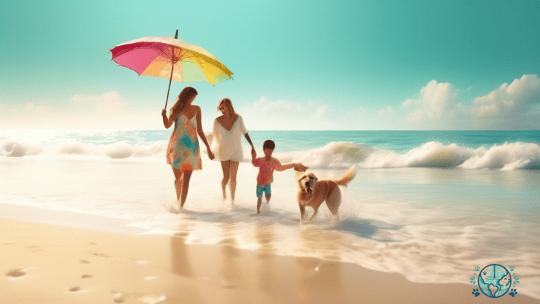 Discover the best pet-friendly beach resorts for an unforgettable vacation with your furry friend. This heartwarming image showcases a sandy beach adorned with vibrant beach umbrellas, where a joyful family and their canine companion joyfully frolic in the crystal-clear turquoise water, basking in the warm glow of the sun.