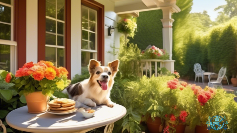 Serene morning scene at a pet-friendly bed and breakfast: A happy guest and their furry friend enjoying breakfast on a sun-kissed patio amidst vibrant flowers, lush greenery, and chirping birds.