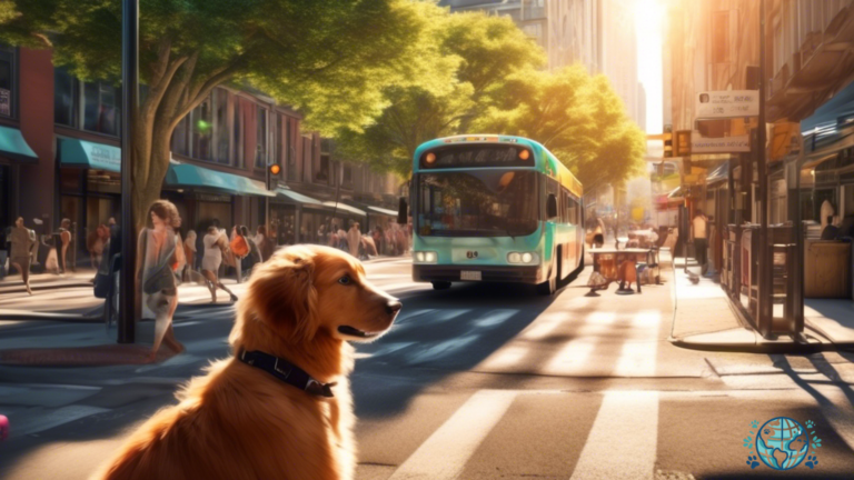 Pet-friendly bus stop in a bustling city street with bright natural light, showcasing furry companions and urban exploration.