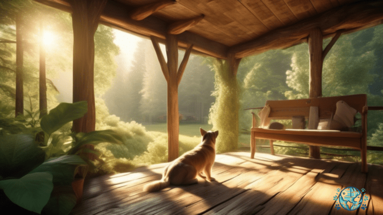 Escape to nature with your furry friend in a pet-friendly cabin surrounded by lush greenery and bathed in sunlight.