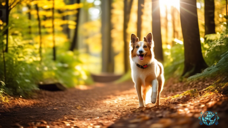 A happy dog exploring a lush forest trail at a pet-friendly camping site, with the sun shining through the trees creating dappled light on the ground.