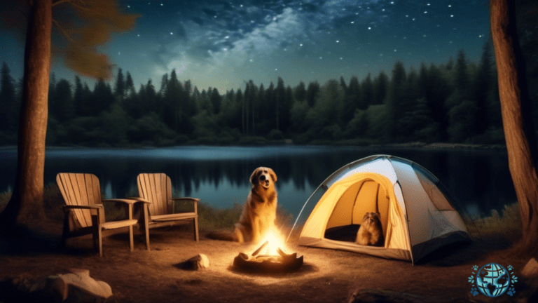 Experience the magic of camping with your furry friend at a pet-friendly campsite under a starry sky. Picture a warm and inviting tent glowing with soft, golden light amidst lush greenery, as a crackling campfire adds to the cozy ambiance.
