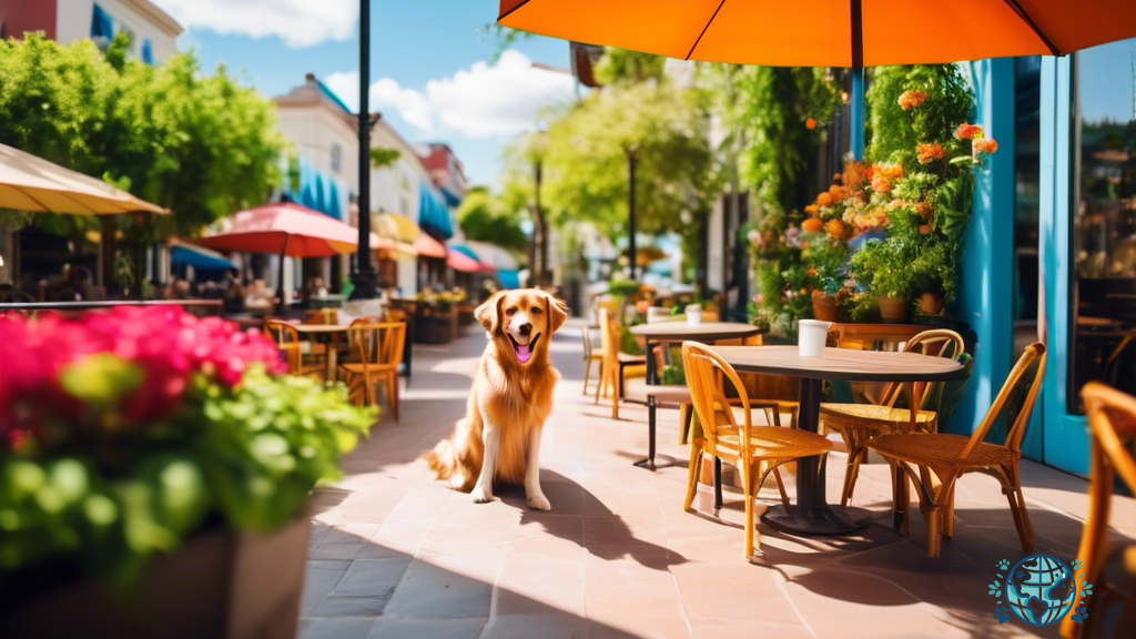 Pet-friendly cafe patio with colorful umbrellas, happy pups lounging with owners, under clear blue skies and vibrant greenery