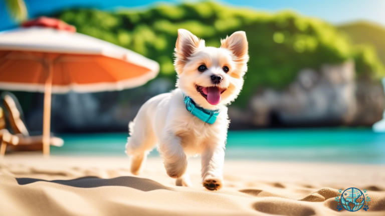 Happy dog playing on a sunny beach, showcasing pet-friendly travel destinations with clear blue skies and lush greenery in the background