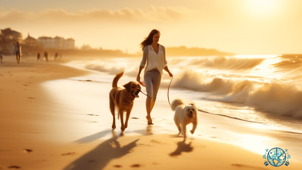 Experience blissful pet-friendly fun at one of the top beach destinations as a couple plays fetch with their dog in the golden sunlight, surrounded by shimmering waves and radiant smiles.