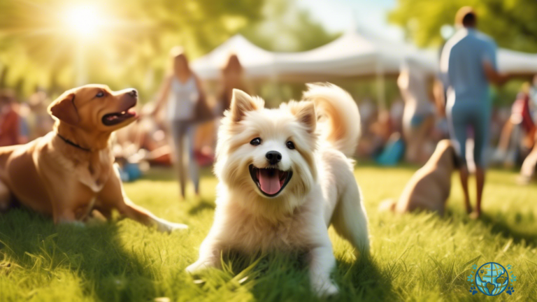 Vibrant outdoor pet-friendly festival with dogs playing in a grassy park under the sun, while owners enjoy fun activities and smile.