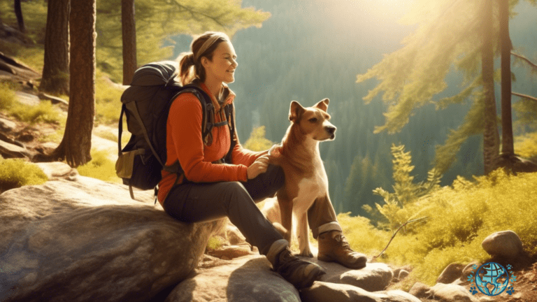Pet owner and furry companion enjoying a hike on a scenic trail surrounded by lush trees and sunlight