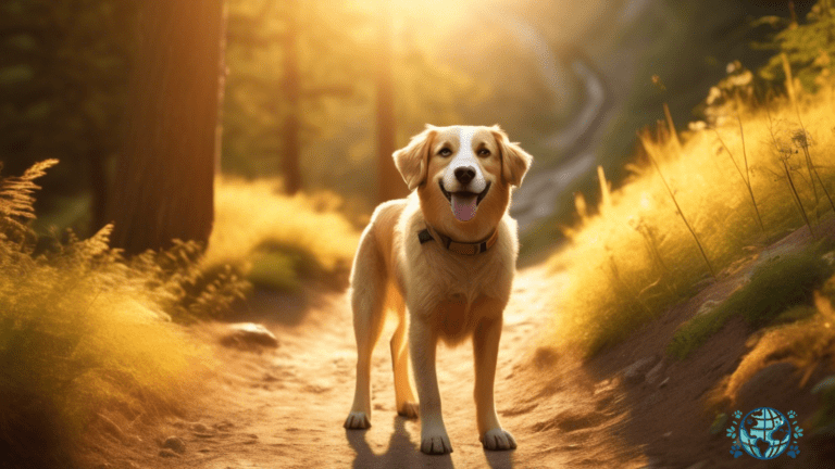 Discover the joy of pet-friendly hiking with your furry companion as they explore a serene trail bathed in golden sunlight.
