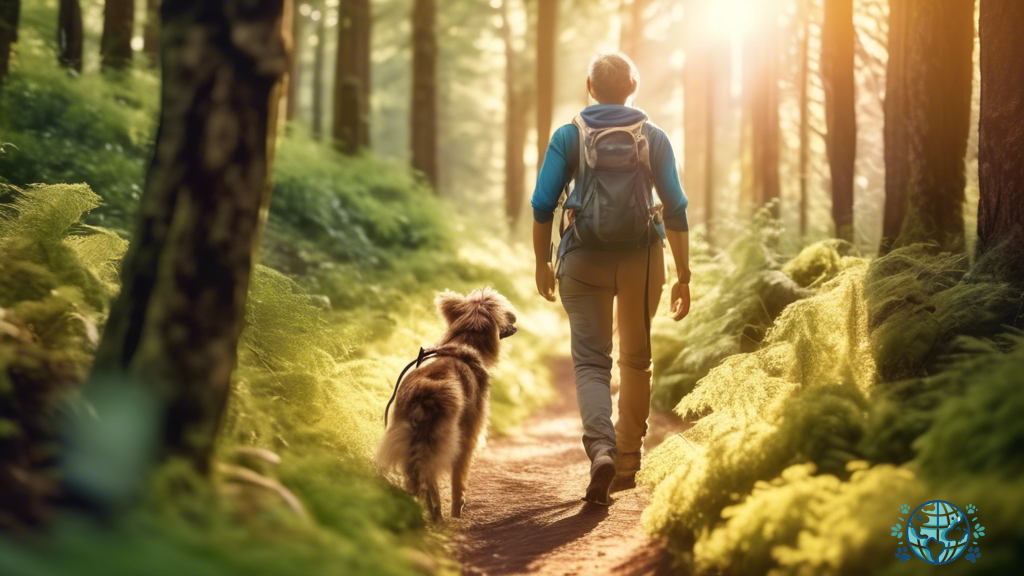 Happy hiker and their furry companion enjoying a pet-friendly hike under warm sunlight in lush, wooded surroundings, highlighting essential hiking safety tips for pets.