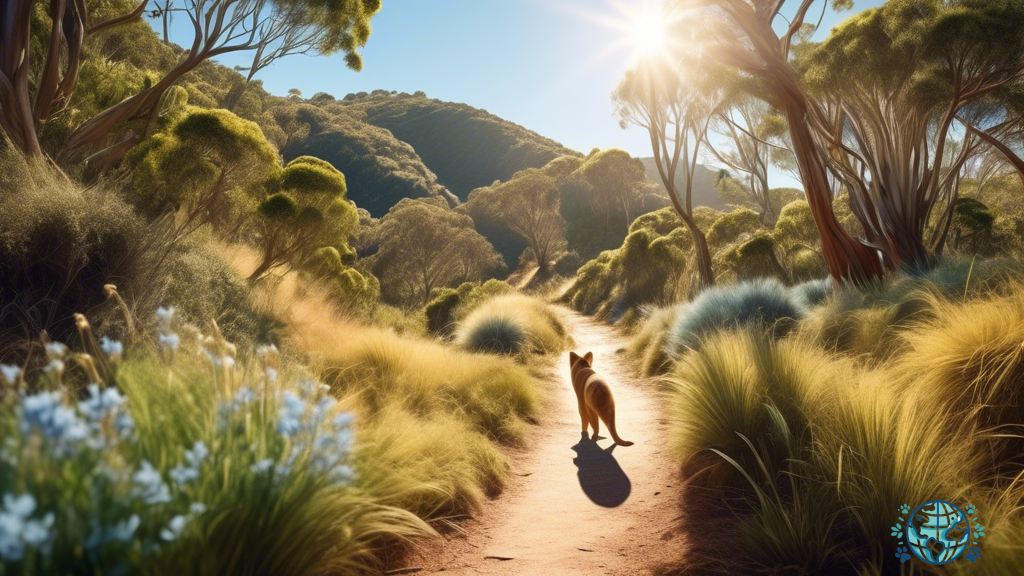 Adventurous dog exploring breathtaking pet-friendly hiking trail in Australia, amidst vibrant flora and under a radiant, sunlit sky.