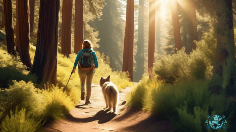 Alt text: A golden retriever and its owner hiking on a pet-friendly trail in California's picturesque wilderness, basking in the bright natural sunlight filtering through the towering trees.