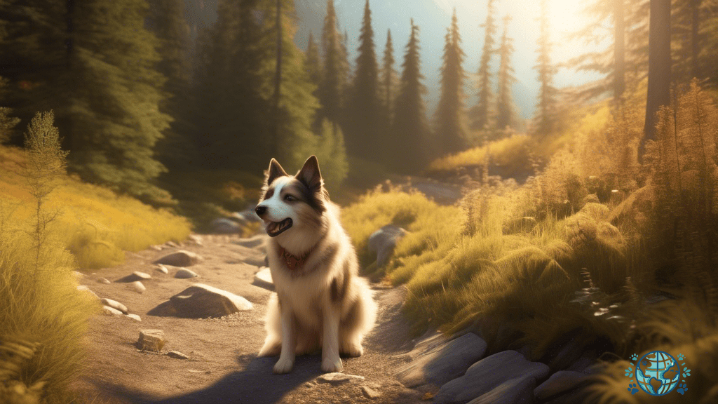 Alt text: A picturesque Canadian hiking trail surrounded by lush greenery and bathed in soft, warm sunlight, where happy dog owners enjoy a leisurely hike with their furry companions.