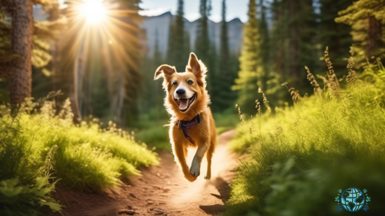 Alt Text: A joyful dog exploring a pet-friendly hiking trail in the Colorado mountains, basking in the golden sunlight amidst lush greenery and awe-inspiring landscapes.