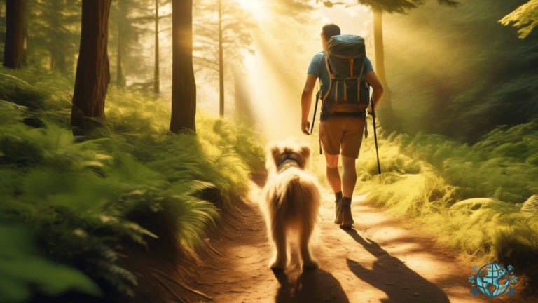 Discover the joy of hiking with your furry friend on pet-friendly hiking trails in Europe, as depicted in this serene photo. A hiker and their enthusiastic four-legged companion bask in the golden sunlight, surrounded by lush greenery and vibrant natural beauty.