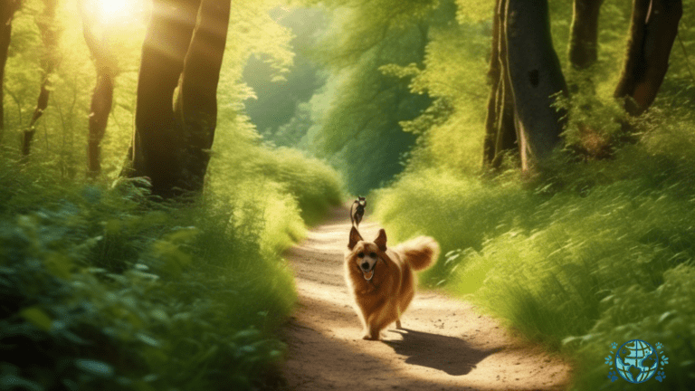 Scenic pet-friendly hiking trail in France, with a furry friend joyfully exploring in radiant sunlight.