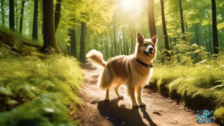 Alt text: A joyful furry friend happily trots beside their owner on a pet-friendly hiking trail in Germany, surrounded by lush greenery and towering trees, basking in the warm sun-drenched light.
