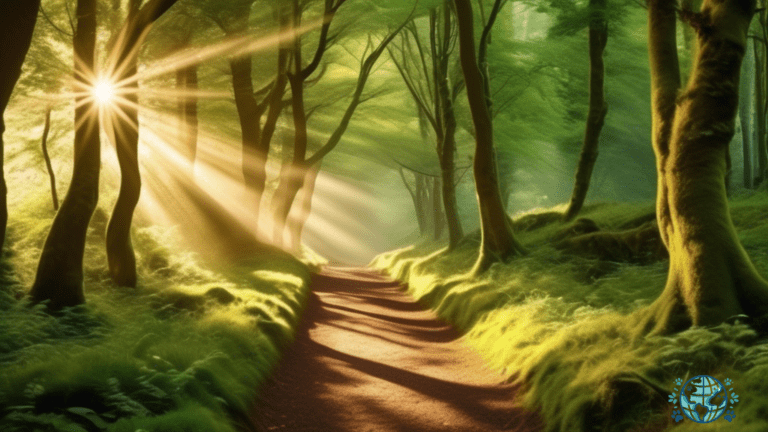 Alt Text: Serene pet-friendly hiking trail in Ireland, with sunlight streaming through lush green trees, leading to breathtaking landscapes.