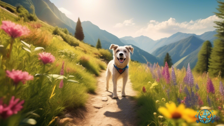 An adventurous dog and its owner enjoy a scenic hike on one of Italy's pet-friendly trails, surrounded by stunning mountains, vibrant wildflowers, and bathed in radiant sunlight.