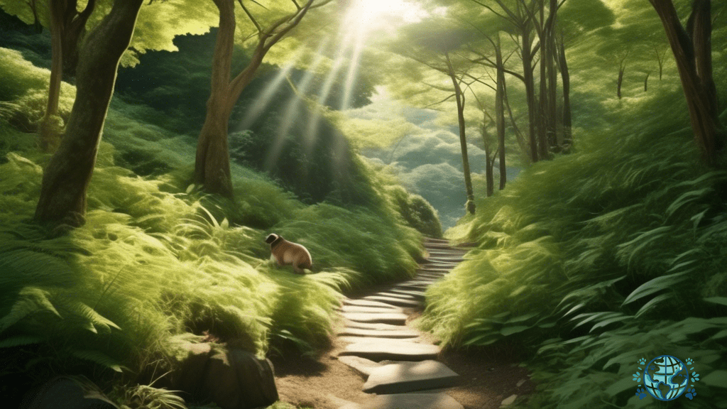 Serene pet-friendly hiking trail in Japan, surrounded by lush greenery and bathed in natural sunlight.