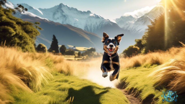 Adventurous dog bounding through a sun-kissed field on a pet-friendly hiking trail in New Zealand, with majestic snow-capped mountains in the backdrop.