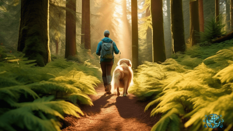 Golden retriever enjoying a pet-friendly hiking trail in Oregon, surrounded by majestic evergreen trees and bathed in warm sunlight