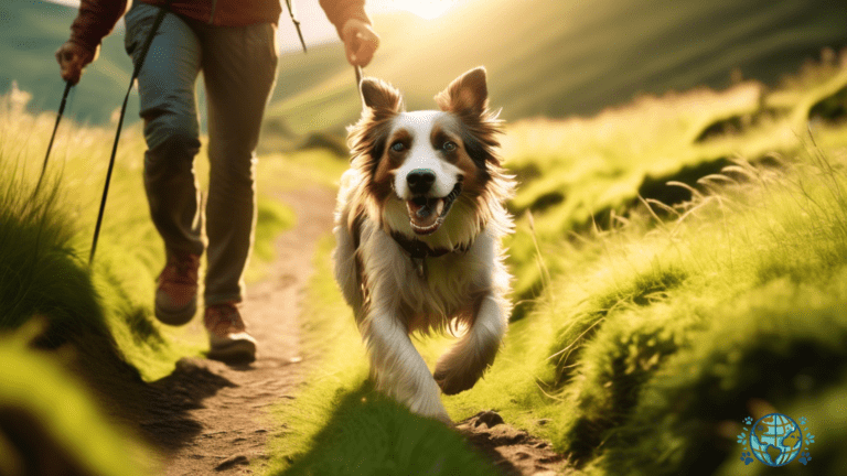 Pet-friendly hiking trails in Scotland: A joyful dog happily trotting alongside its owner on a vibrant green trail in the Scottish Highlands, under the radiant sunlight.