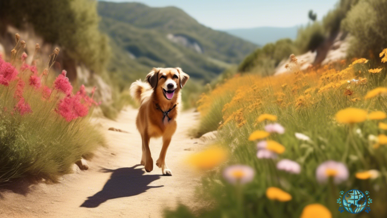 Discover the beauty of pet-friendly hiking trails in Spain, as a happy dog accompanies its owner along a sunlit path surrounded by lush greenery and vibrant wildflowers.