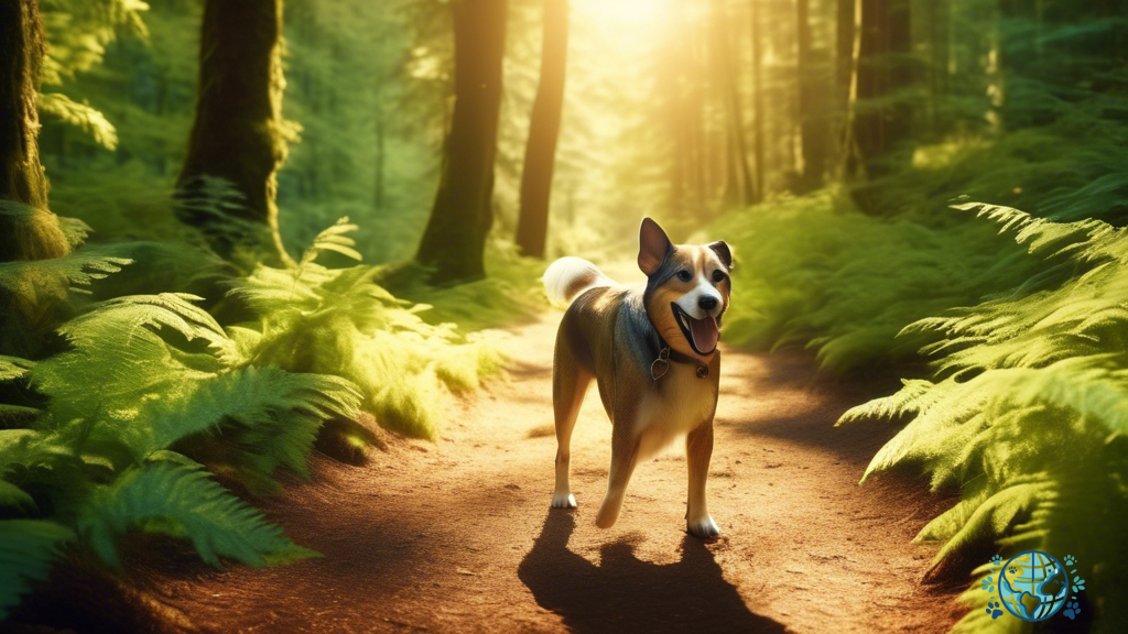 An adorable dog enjoying a scenic hike on one of Washington's pet-friendly trails, surrounded by lush greenery and bathed in golden sunlight.