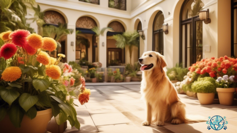Alt text: Enjoy a pet-friendly vacation at our sunlit hotel courtyard, surrounded by vibrant flowers and lush greenery. Witness a happy family playing with their furry companions, embracing the welcoming and pet-friendly ambiance.