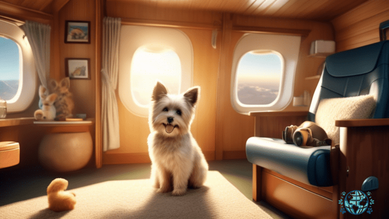 Serene scene of a sunlit cabin interior with a fluffy pet comfortably settled on an airplane seat, surrounded by pet-friendly amenities including a water bowl, a cozy blanket, and a variety of pet toys.