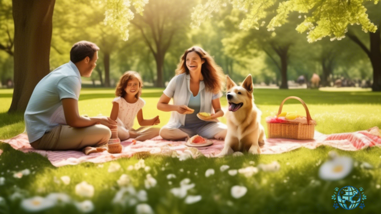 Family enjoying pet-friendly outdoor activities in a beautiful park surrounded by blooming flowers and towering trees, with their pet playfully chasing a frisbee in the bright sunlight.