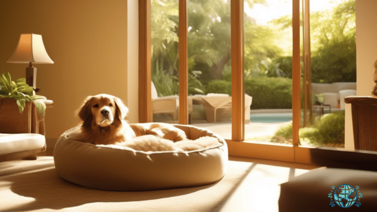 Experience luxury and relaxation at our pet-friendly resort, where your furry friend can bask in the warm sunlight next to a cozy pet bed in a sunlit suite surrounded by a lush garden.