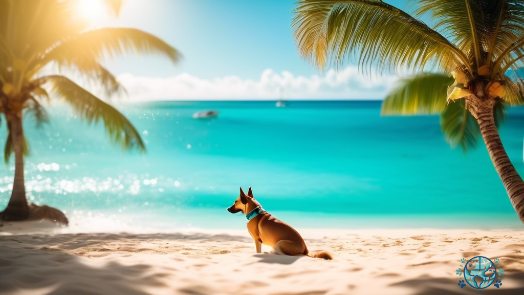 Alt text: A picturesque scene at a pet-friendly resort in the Caribbean, showcasing a sandy beach with palm trees casting shadows in the bright sunlight. A playful dog is seen frolicking in the crystal-clear turquoise water, adding to the tropical getaway vibe of the image.