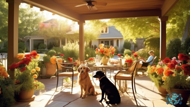 Alt text: Enjoy a sunny meal at the best pet-friendly restaurants & cafes, where happy dogs relax beside their owners on a vibrant outdoor patio adorned with colorful flowers.