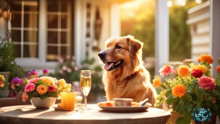Alt text: Cozy outdoor patio at one of the best pet-friendly restaurants, filled with vibrant flowers and bathed in golden sunlight. A couple enjoys a delicious meal while their happy furry companion eagerly anticipates a special treat.