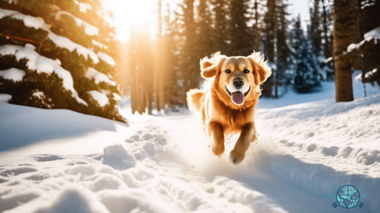 Alt text: A golden retriever joyfully running through fresh snow at a pet-friendly ski resort, with sunlight filtering through the trees, creating a warm and inviting atmosphere for winter fun.