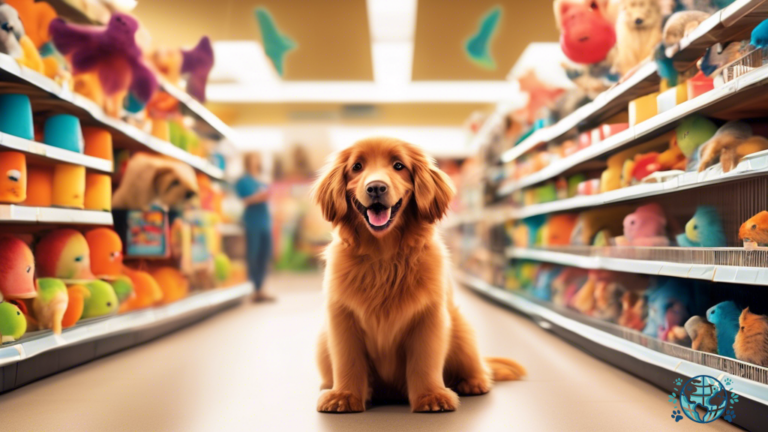 Joyful pet owner and their furry companion browsing through a well-lit, pet-friendly store filled with an array of colorful toys, delightful displays, and helpful staff members.