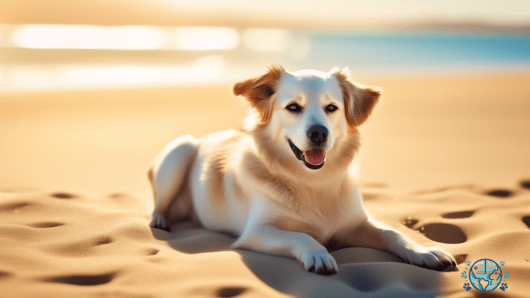 Adorable dog enjoying a sunny beach vacation, basking in the warm sunlight and golden sand, creating the perfect pet-friendly travel experience.