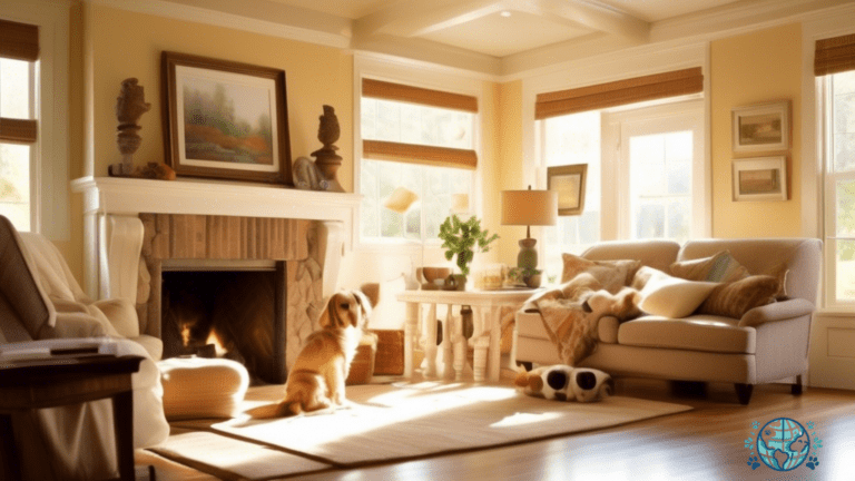 Welcome to our pet-friendly vacation home - where furry friends can relax and enjoy a cozy living room illuminated by bright natural light. A happy dog lounges next to a crackling fireplace, basking in the warmth and comfort of our sunlit haven.