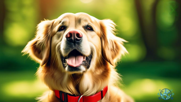 Alt Text: Golden retriever wearing a vibrant red collar with a customized identification tag, shining in sunlight against a lush green backdrop, highlighting the importance of pet identification tags for secure and worry-free travel.