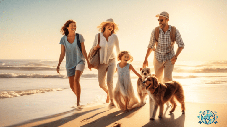 Happy family enjoying a scenic beach with their furry friend, thanks to the freedom and peace of mind brought by pet insurance benefits for travel.