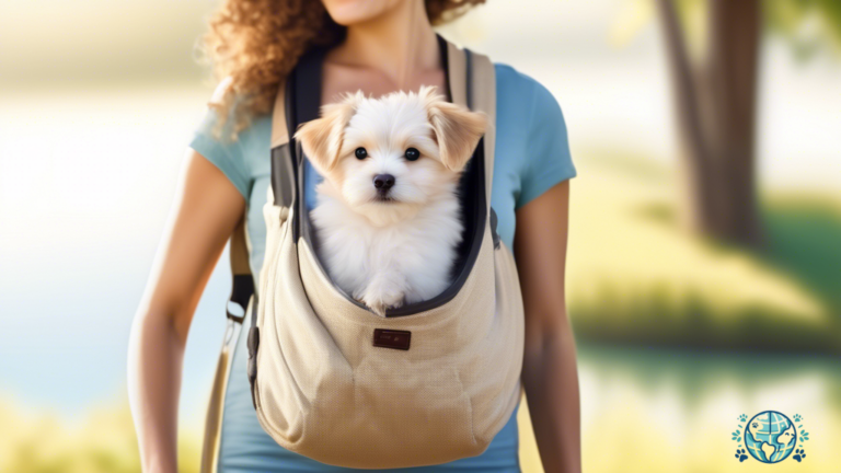 Stylish pet sling carrier with a small adorable pup inside, enjoying a blissful travel adventure in radiant natural light.