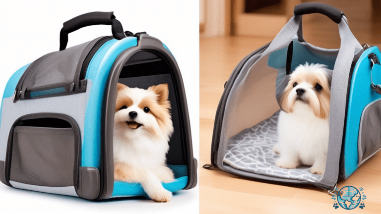 Vibrant image of a sunlit, spacious pet carrier with mesh window, sturdy handles, and cozy blanket. Includes a collapsible travel bowl, leash, and water bottle in side pocket – must-have pet travel accessories for air travel.