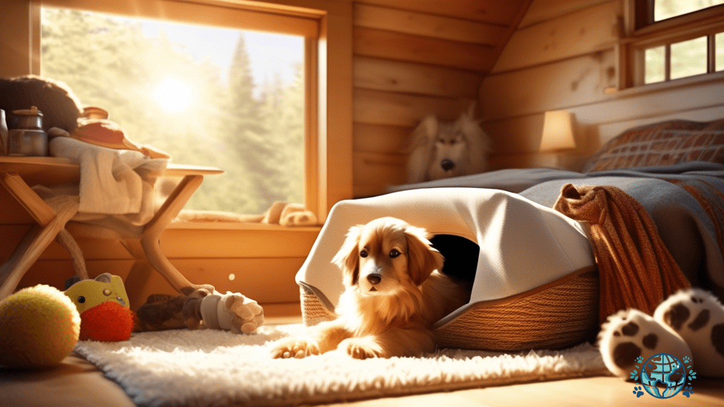 Alt text: Serene sunlit cabin interior with pet bed and toys, showcasing a relaxed pet and a travel bag packed with allergy essentials.