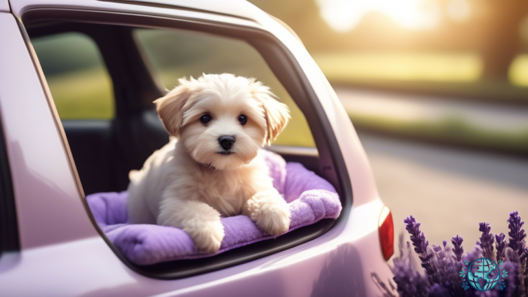 Alt text: A peaceful pet sitting in a well-ventilated carrier, enjoying soft, warm sunlight streaming through a car window. Surrounded by familiar toys and a calming lavender scent, this serene scene helps manage pet travel anxiety.