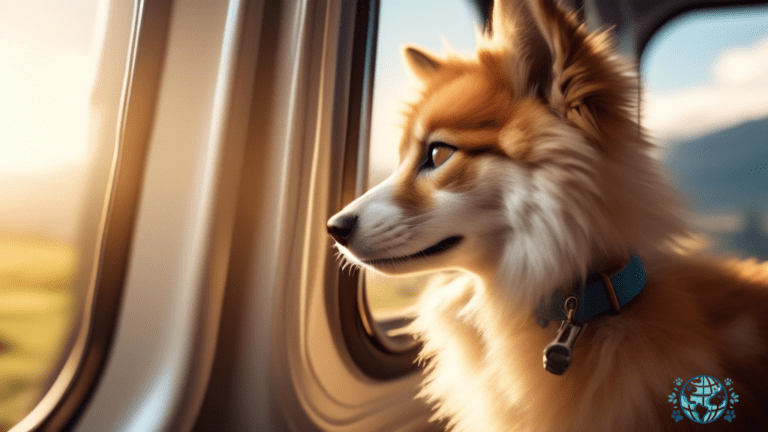 Adorable pet enjoying the scenic train journey, gazing out of the window with delight amidst vibrant sunlight and picturesque landscapes