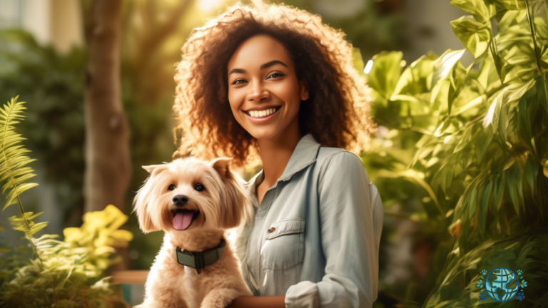 Cheerful pet owner holding a Pet Travel Certificate against a backdrop of vibrant, sunlit greenery, showcasing the strong bond between owner and furry companion.