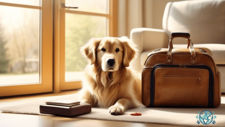 Golden retriever patiently waits beside a travel bag filled with toys, leash, and passport in a sunlit living room, highlighting the importance of a pet travel consent letter.