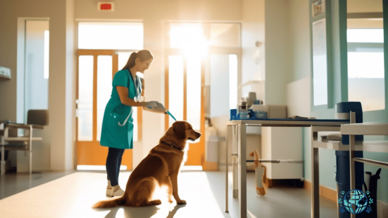 A veterinarian administering essential vaccinations to a dog in a sunlit clinic room, as the pet owner looks on with concern and trust.
